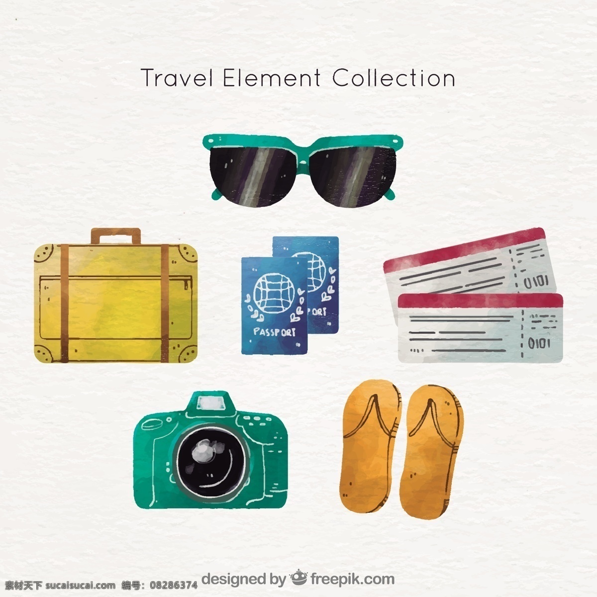 水彩画 夏季 旅行包 水彩 旅游 地图 相机 世界 世界地图 太阳镜 度假 旅行 假期 护照 机票 行李 背包 物品