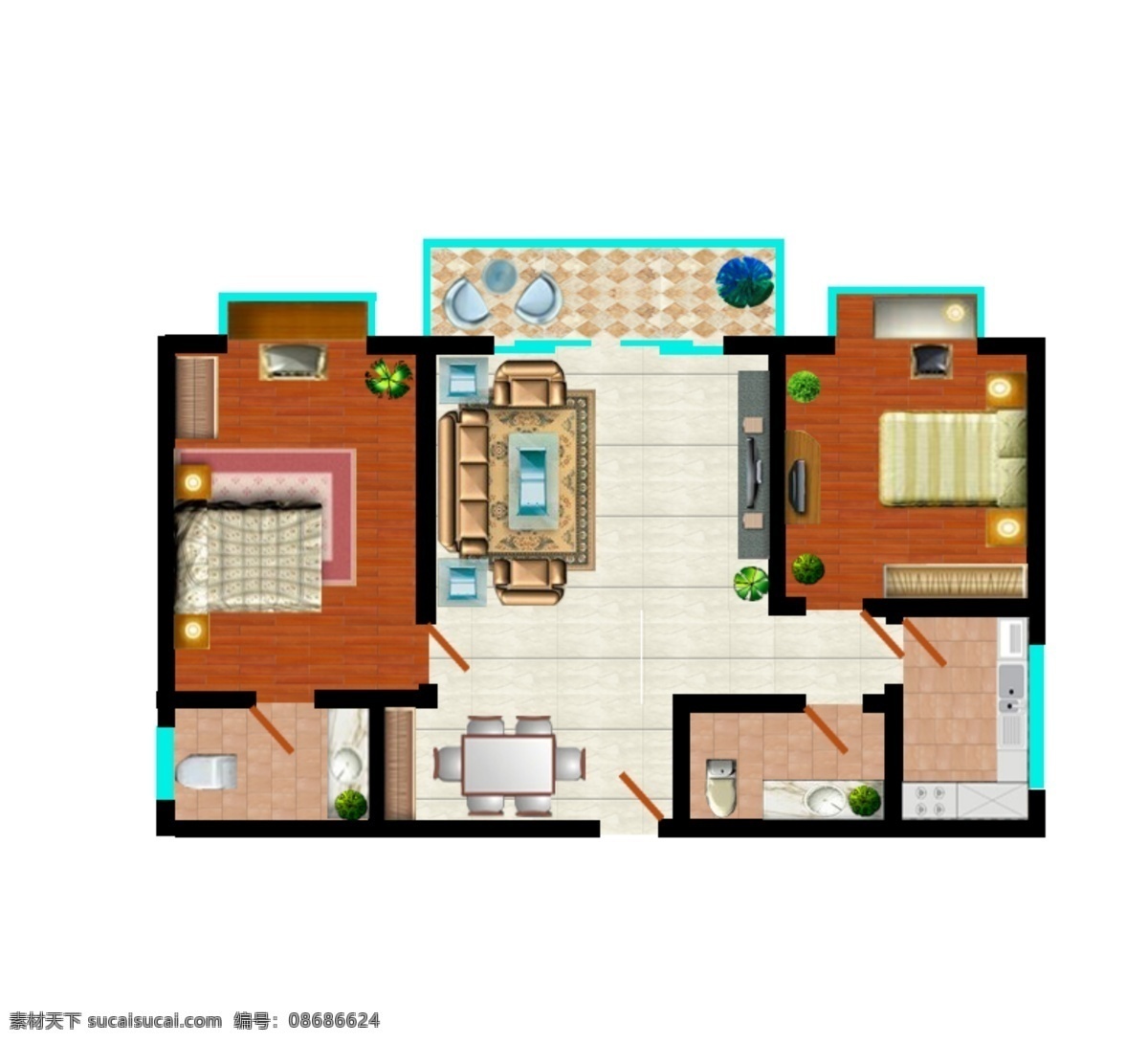 户型 图 彩色图 户型图 二房 两 厅 平面图 原创设计 原创装饰设计