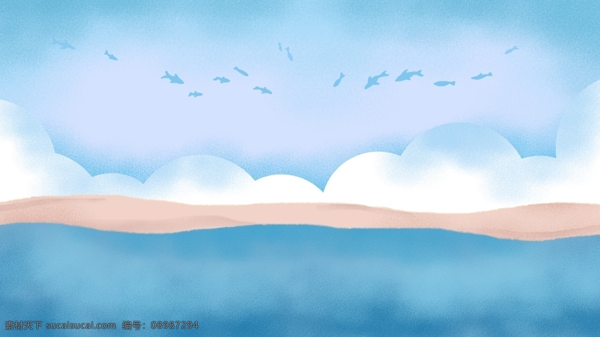 彩绘 唯美 蓝天 白云 大海 背景 图 海滩 手绘 天空 banner
