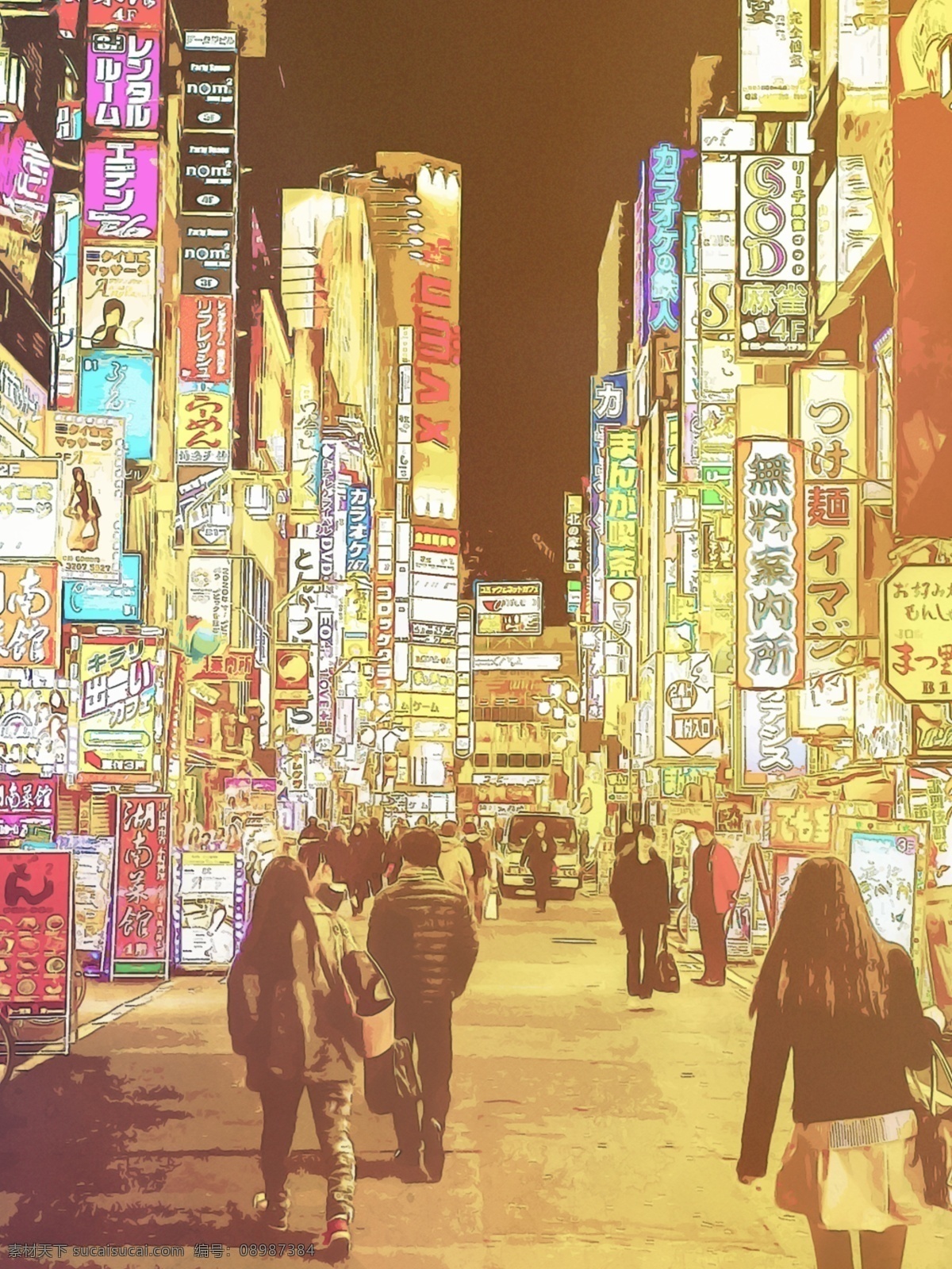 手绘 风格 日本 小吃街 夜市 背景 风景 banner 清新 灯光 插画 街道 海报 街景 色彩 素描 水粉 水彩 艺术 夜景 风 格 日式 料理