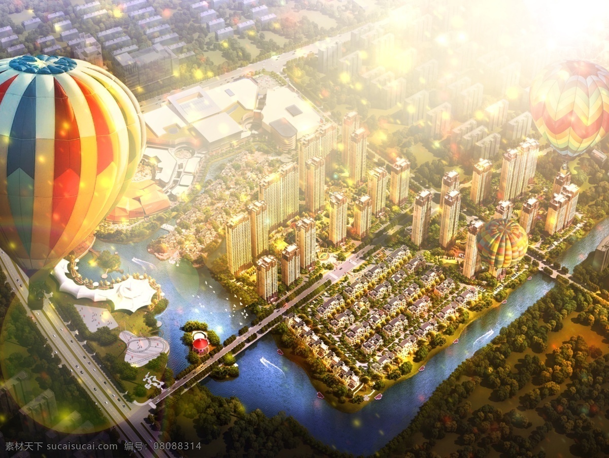 高端 大气 城市 鸟瞰图 分层 psd源文件 分层素材 高端大气 广告 金色 楼盘 气球 热气球 耀眼 城市上空
