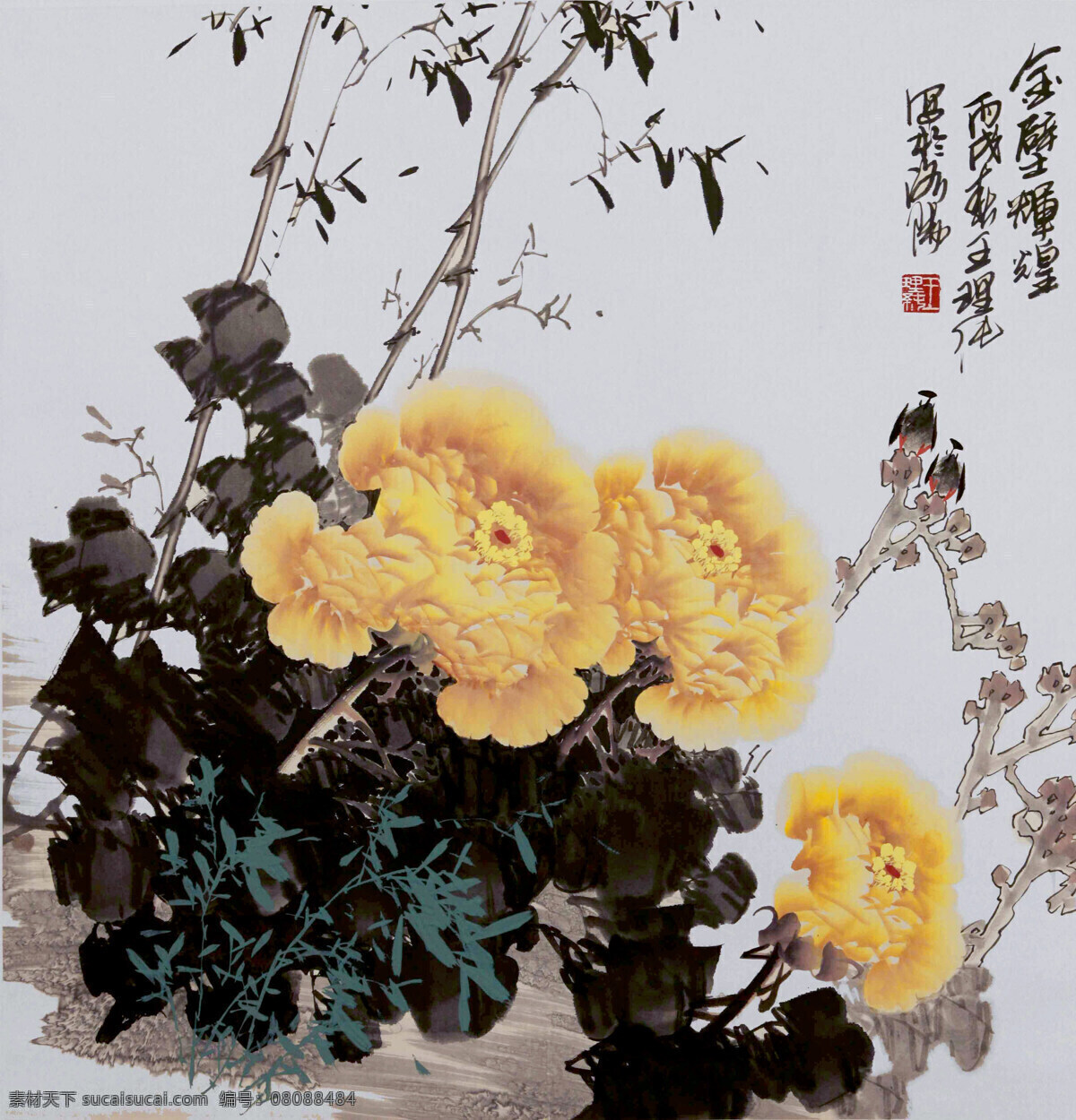 彩墨画 芳香 国花 国画艺术 花鸟画 绘画 绘画书法 绿叶 金 壁 辉煌 设计素材 模板下载 金壁辉煌 中国画 现代国画 牡丹花 红黄牡丹 竹子 鸟 书法 印章 国画牡丹2 文化艺术 家居装饰素材 雕刻 图案