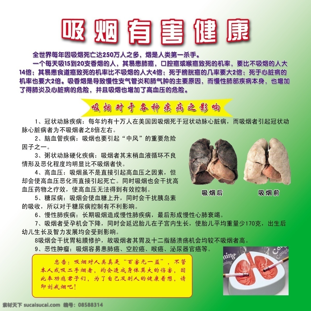 吸烟有害健康 肺 吸烟的坏处 心脏 展板模板 广告设计模板 源文件