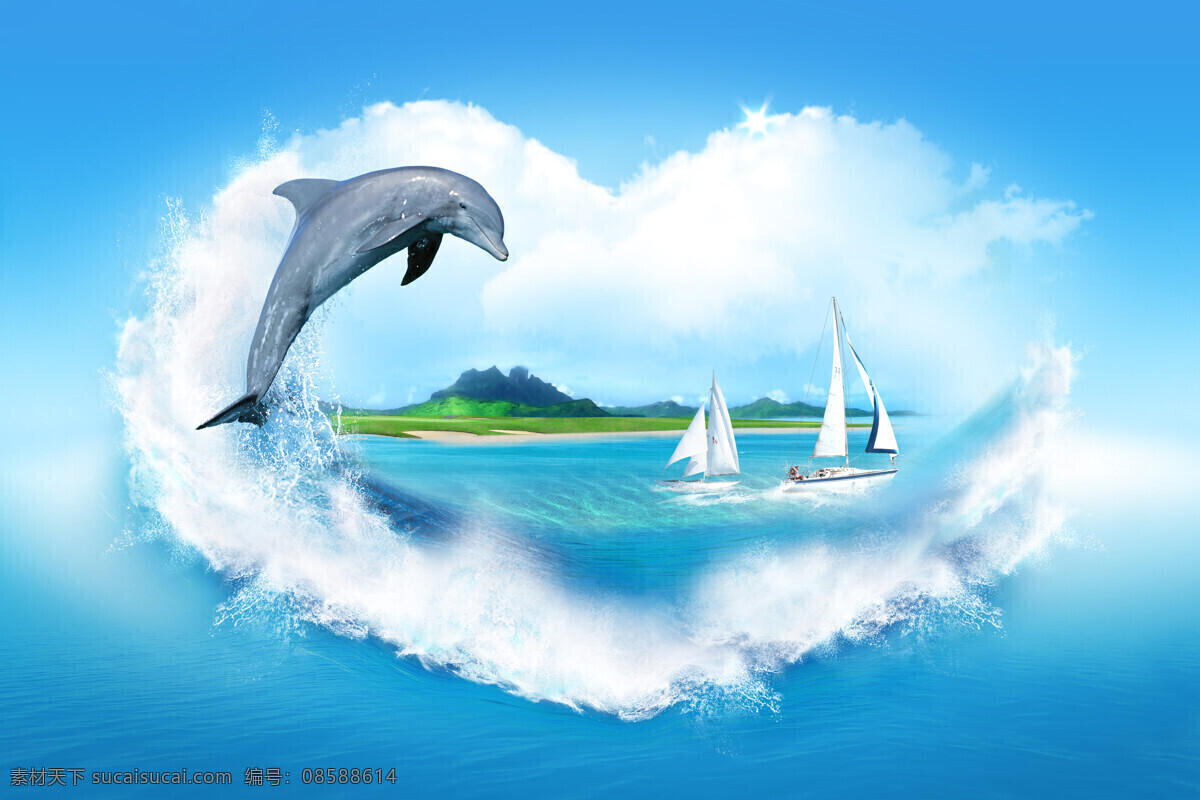 心形风景图片 心形图片 蓝色背景 海豚 心形海上风景 云朵心形图片