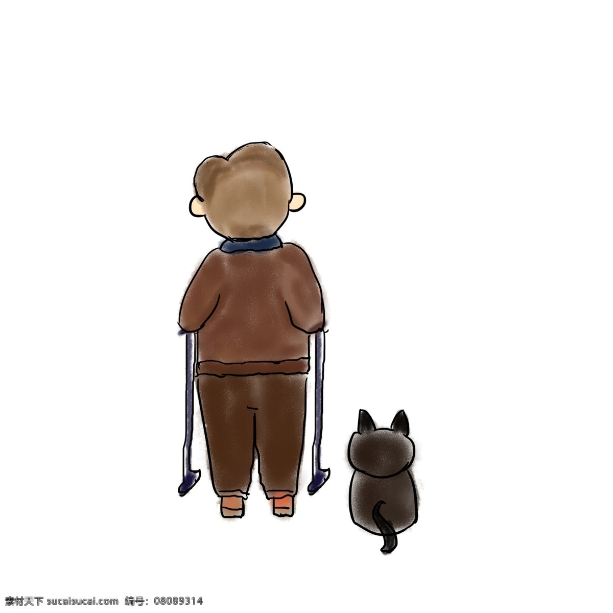 水彩 人物 男子 小 猫咪 背景 元素 插图 站立 动物