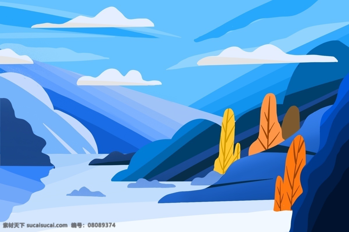 原创 手绘 插画 趋势 高 纯度 块 肌理 风光 山水 河流 云 天空 山
