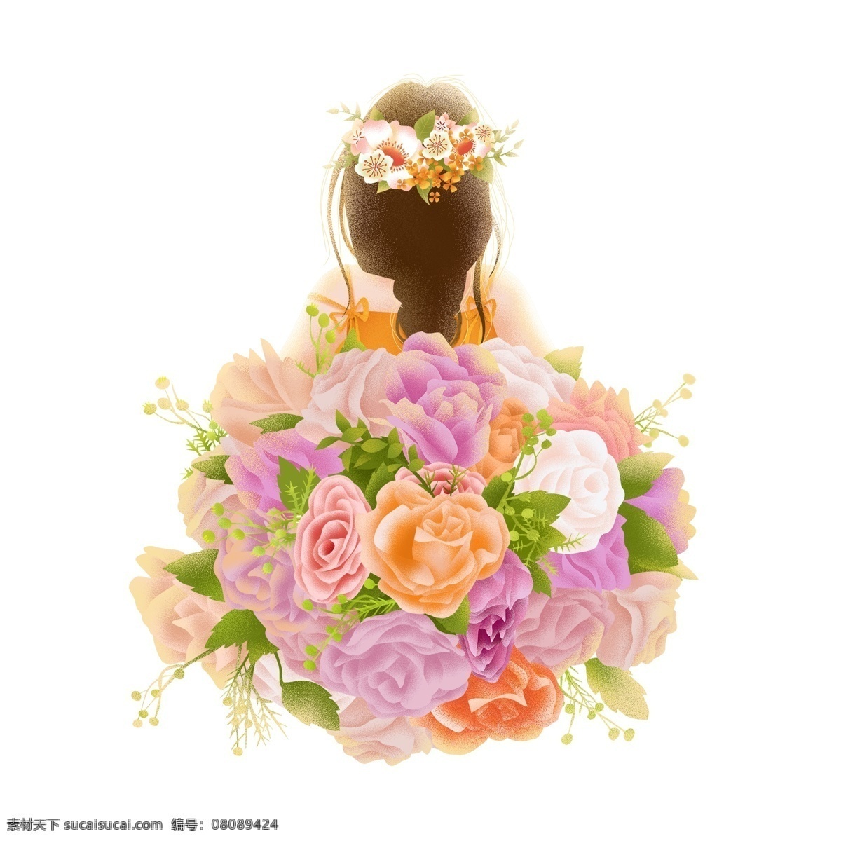 唯美 彩绘 鲜花 少女 人物 插画 植物