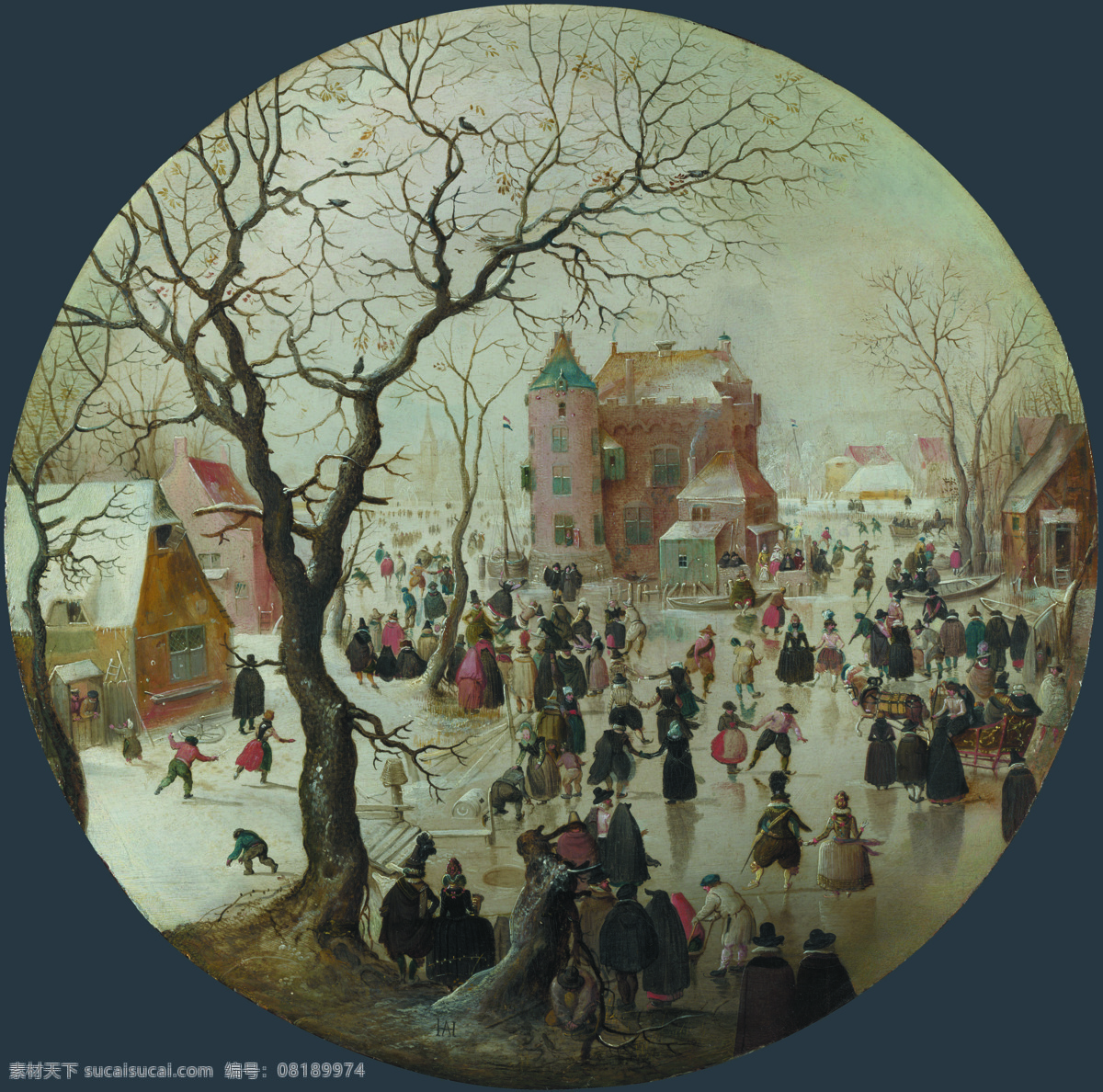 castle 大师 画家 古典 画 建筑 景物 装饰画 油画 near skaters with scene winter avercamp hendrick 人物 高清 西方 国外 现代 家居装饰素材