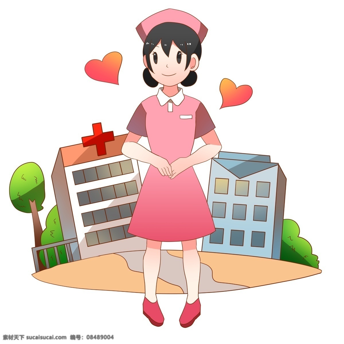 医疗 护士 建筑 插画 红色的桃心 绿色的植物 漂亮的护士 人物 手绘 白色 医院 红色的护士帽