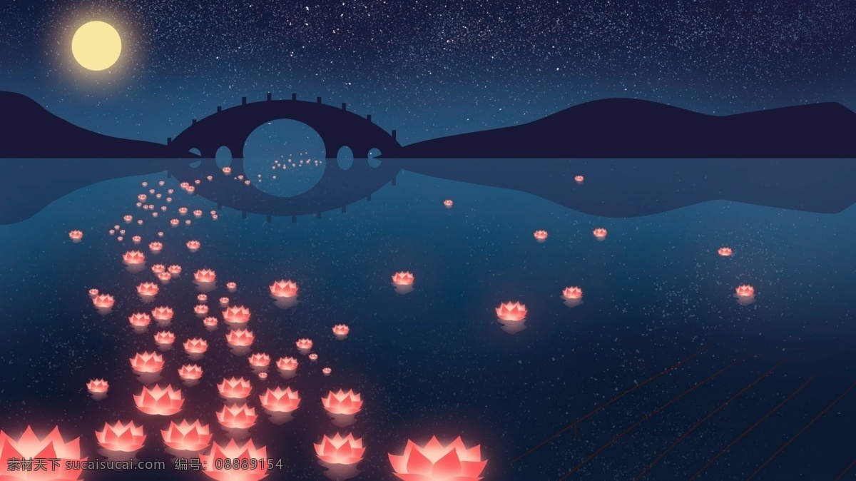 河水 中 莲花 灯 许愿 祝福 月夜 背景 莲花灯