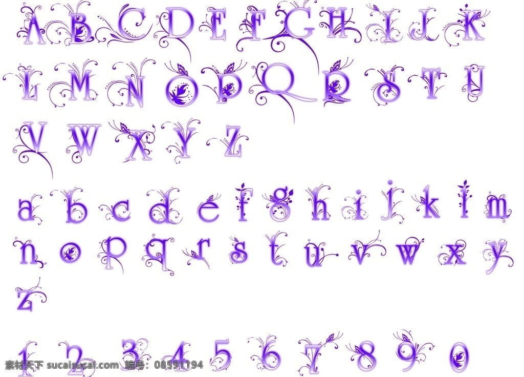 多种字体笔刷 笔刷 画笔 紫色 漂亮的 优雅的 英文字母 数字 花 草 蝴蝶 花纹 abr 其他笔刷 ps笔刷 源文件