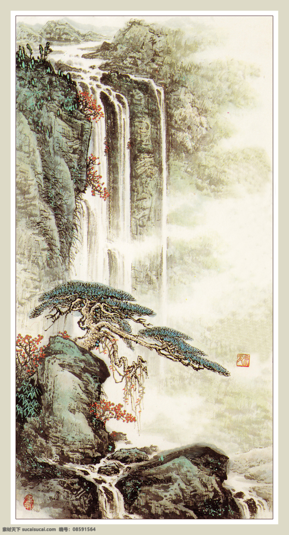 山水画 国画 手绘 移门 无框画 瀑布 流水 松柏 油画绘画 绘画书法 文化艺术