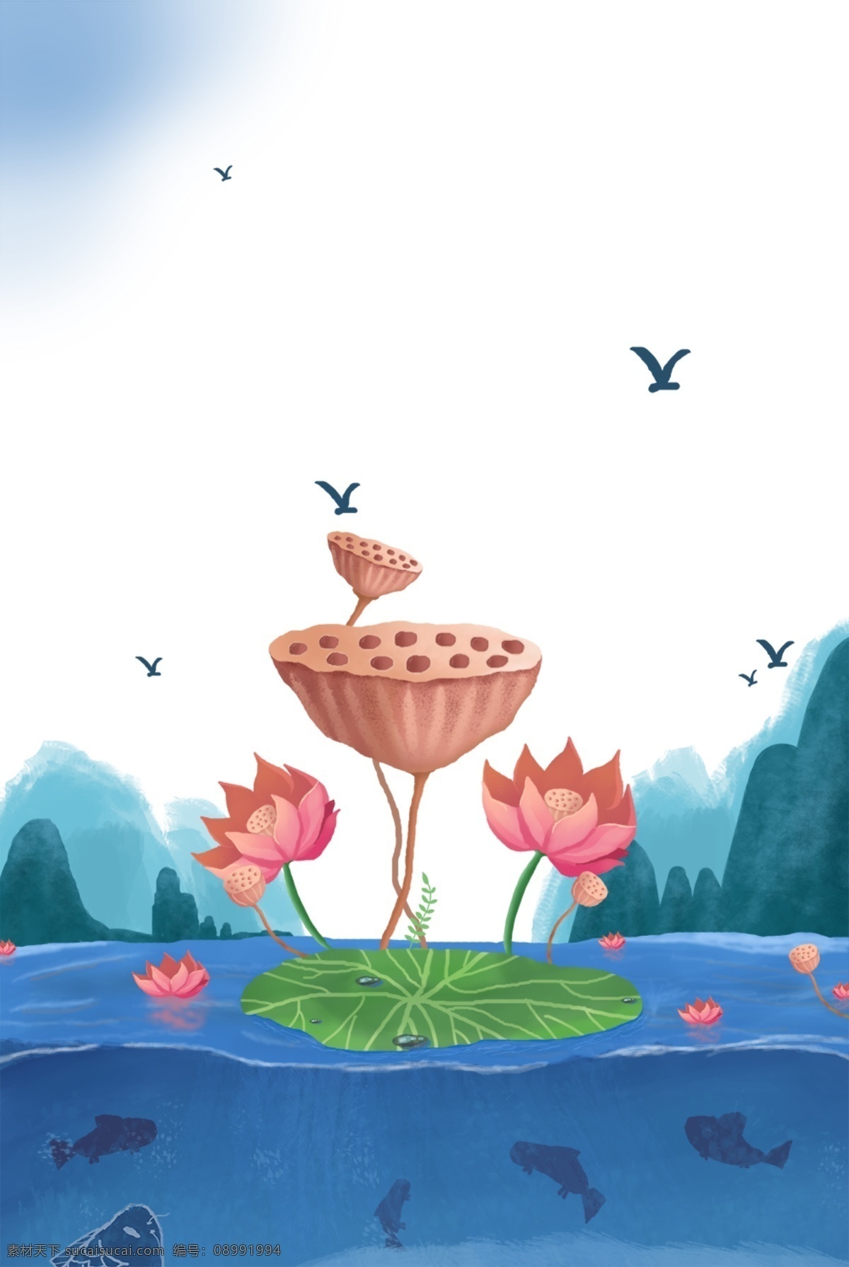 夏季 荷塘 小清 新手 绘 边框 卡通 海报插画 手绘 精美插画 广告插画 小清新 简约 图案装饰设计 莲蓬 荷花 荷叶