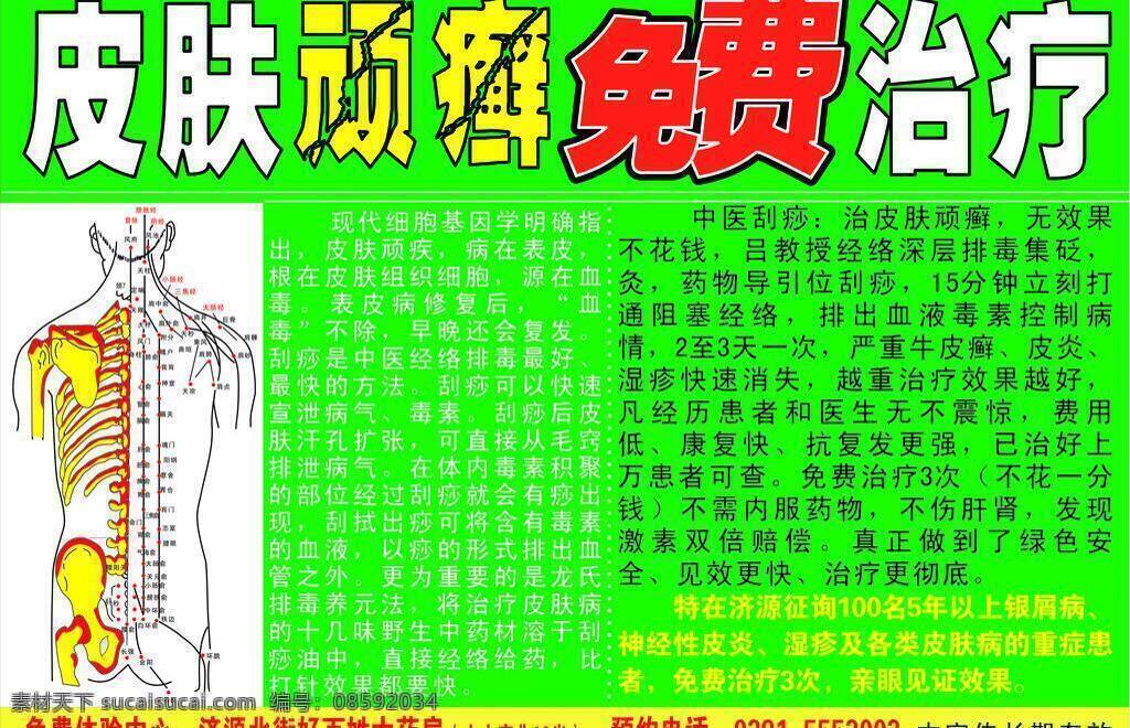 皮肤 顽癣 绿色背景 人体经络图 生活百科 医疗保健 皮肤顽癣 免费治疗 矢量 海报 其他海报设计