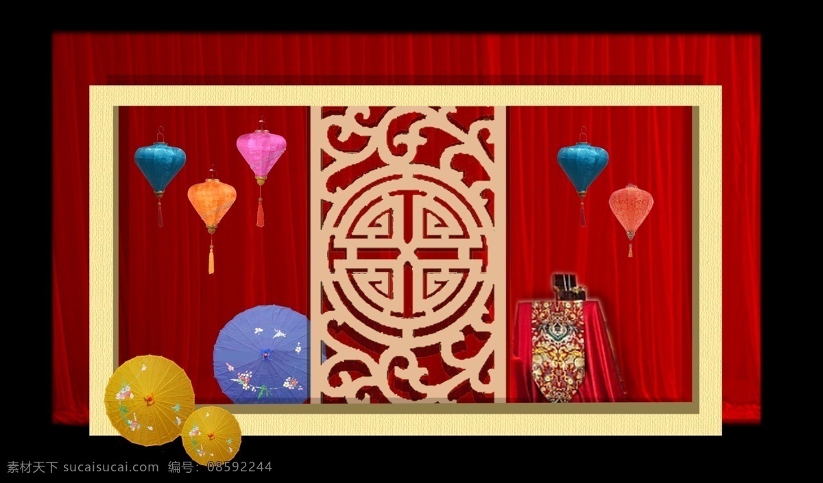 中式 立体 橱窗 式 迎宾 区 婚庆 婚礼 迎宾区 效果图 红色 灯笼 木刻 屏风 油纸伞 分层