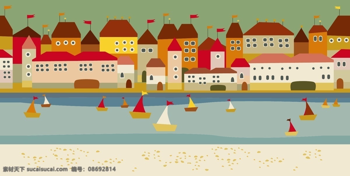 彩色 卡通 城市 房子 插画 帆船 风景 河流 童话