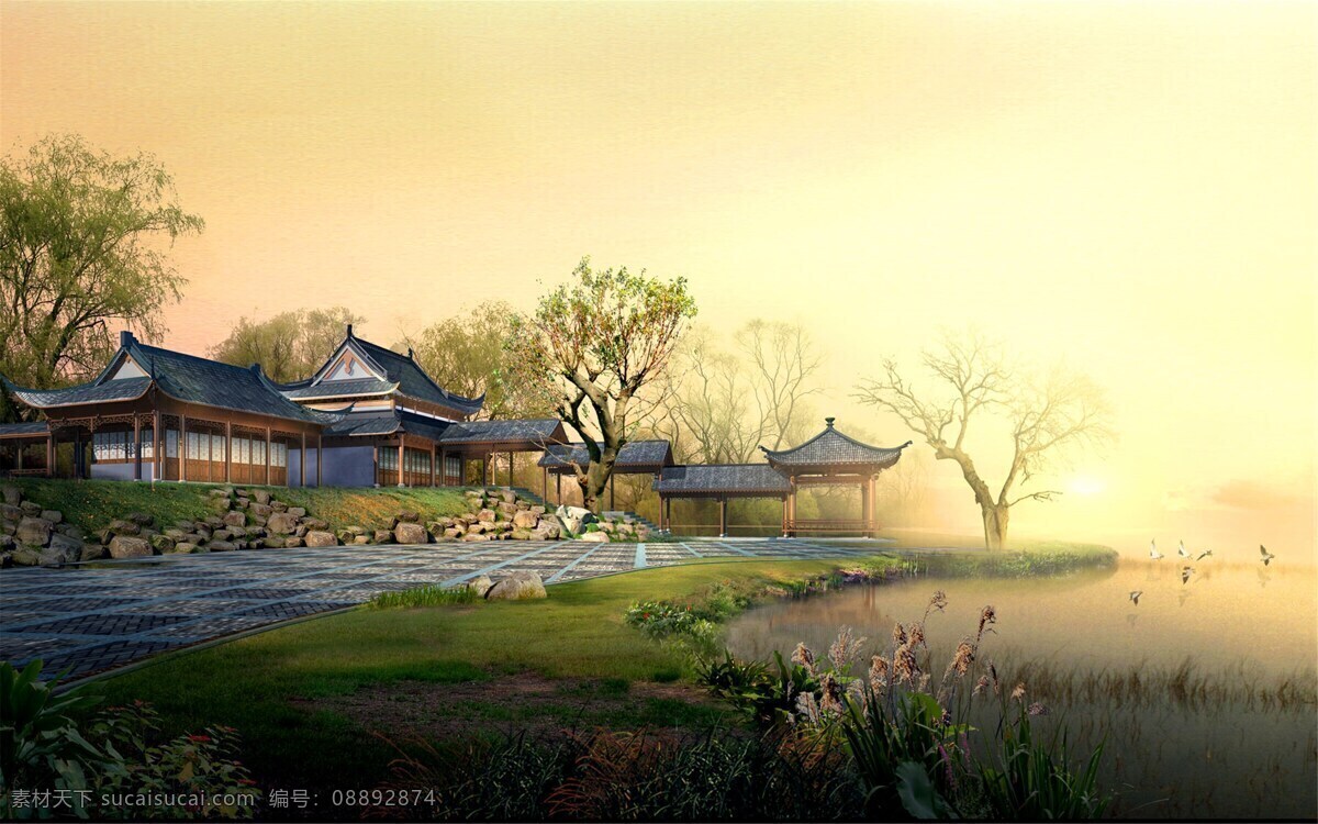园林效果图 园林 效果图 绿树 亭台楼阁 绿水 景观设计 环境设计