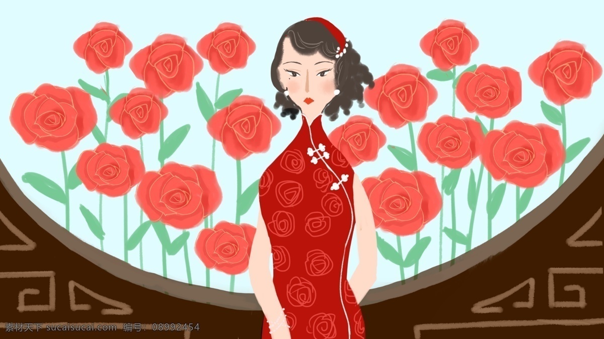 十 三 钗 女 旗袍 系列 玫瑰花 手绘 原创 插画 红色 壁纸 十三钗 女人 女子 民国风 古窗 插画插图 配图