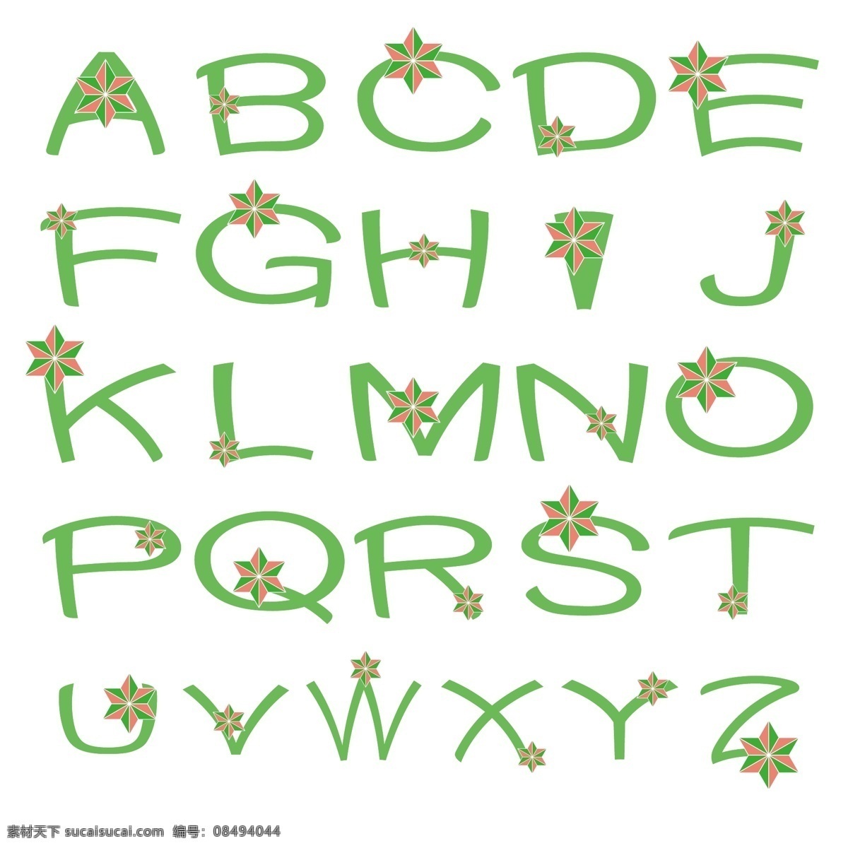 六角 星 绿色 英文 字母表 矢量 卡通 艺术字 几何 六角星