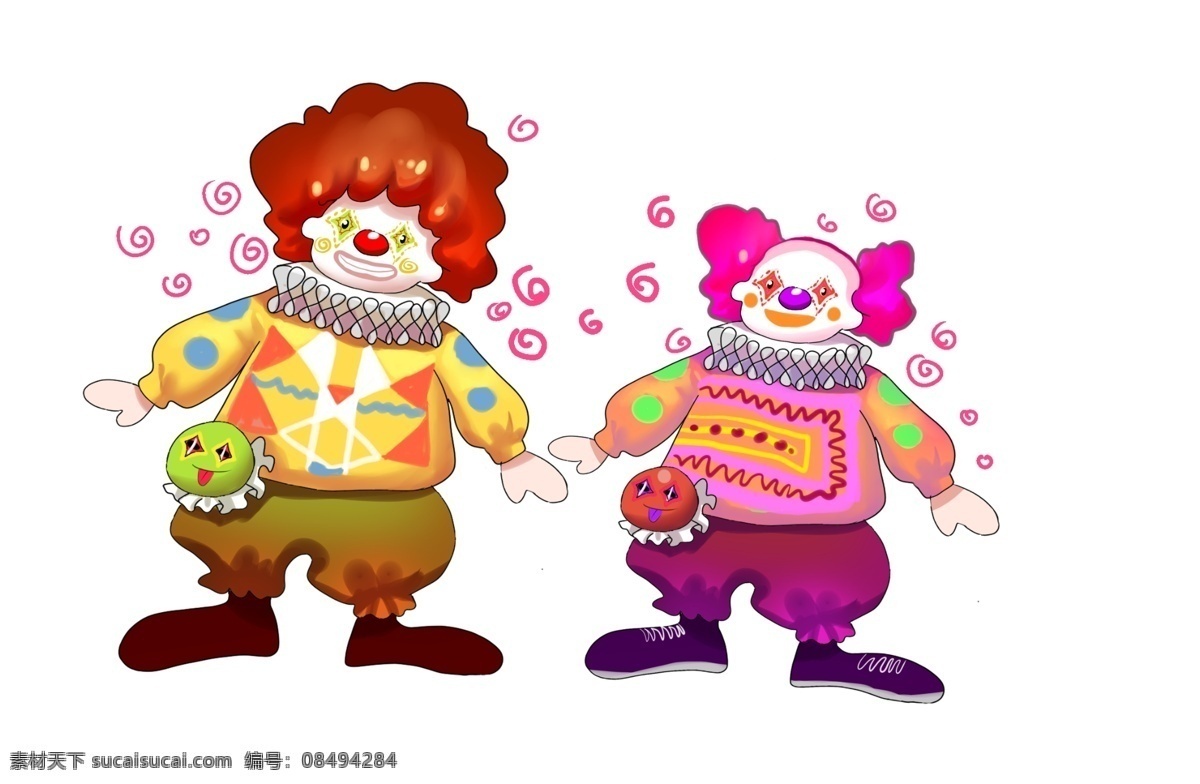 愚人节 搞笑 小丑 兄弟 节日 快乐 开心 可爱 笑脸 南瓜裤 红鼻子 花纹 卷发 短发 笑容