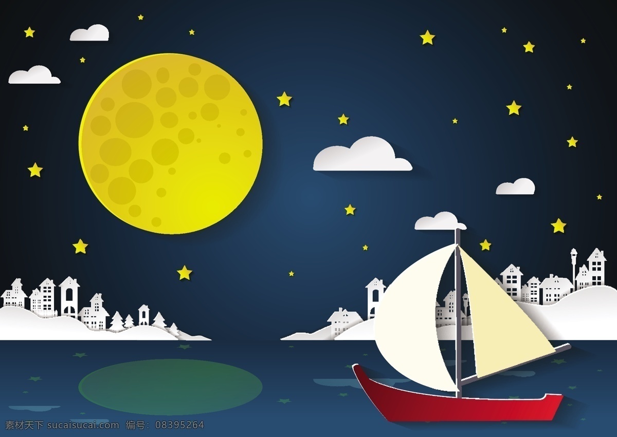 夜晚 中 航行 帆船 剪贴 画 矢量 月亮 星星 云朵 建筑 剪贴画 河流