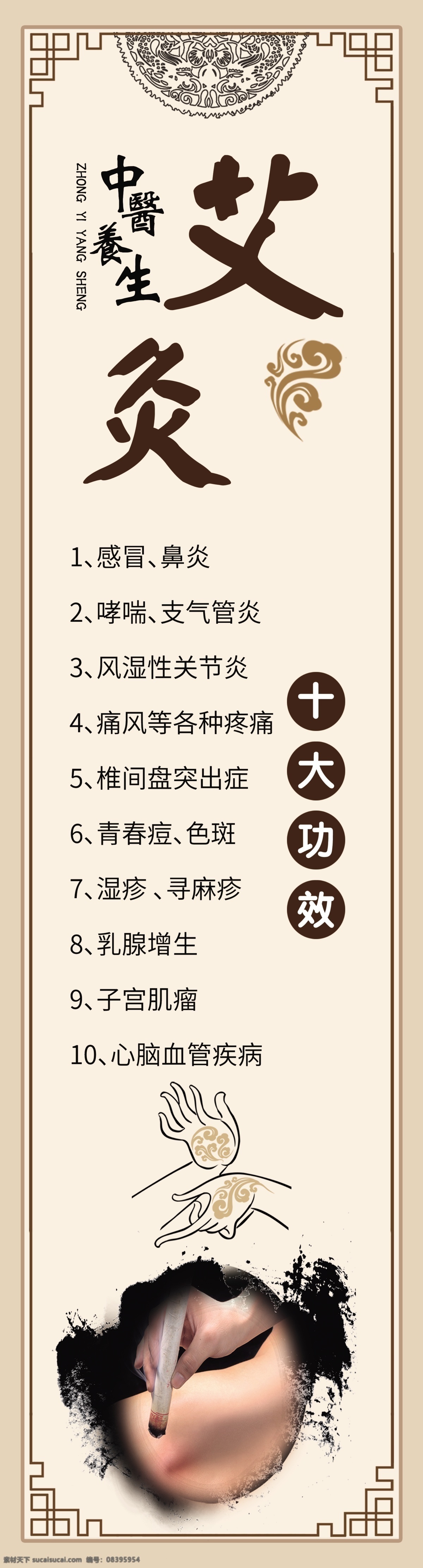 艾灸 推拿海报 中国风 中医养生 中式边框