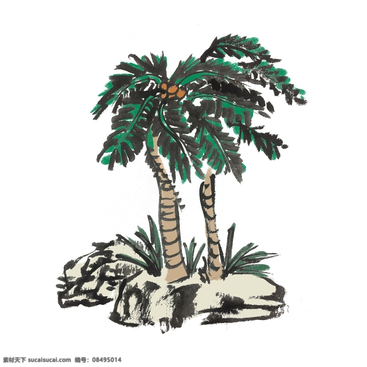 夏天 椰子树 手绘 水墨 风 夏季 椰子 清凉 水果 中国风 古风 水墨风 墨迹 彩色 插画 生动 花草 国风 国画