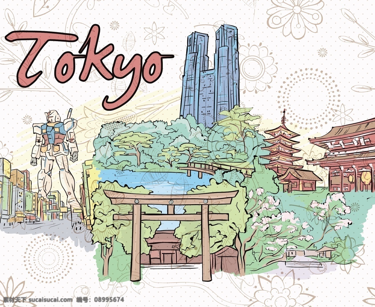 东京 涂鸦 矢量 插画 白色