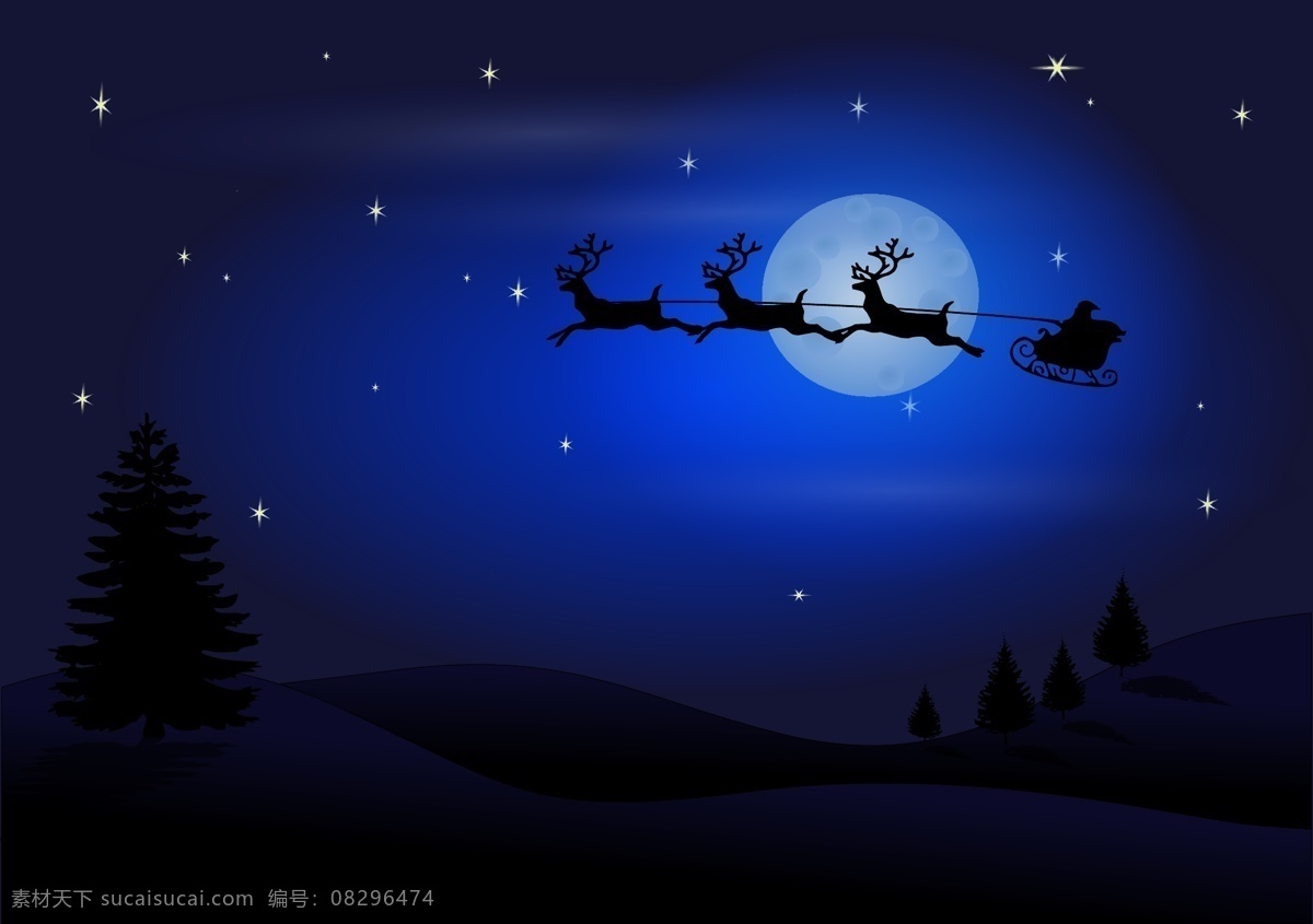 圣诞节夜晚 圣诞夜 圣诞夜晚 冬夜 冬节 冬天的夜晚 云彩 云朵 雪花 月亮 月光 星空 雪地 雪景 矢量 圣诞矢量素材 圣诞节 节日素材 圣诞老人 圣诞麋鹿 矢量图 文化艺术 节日庆祝