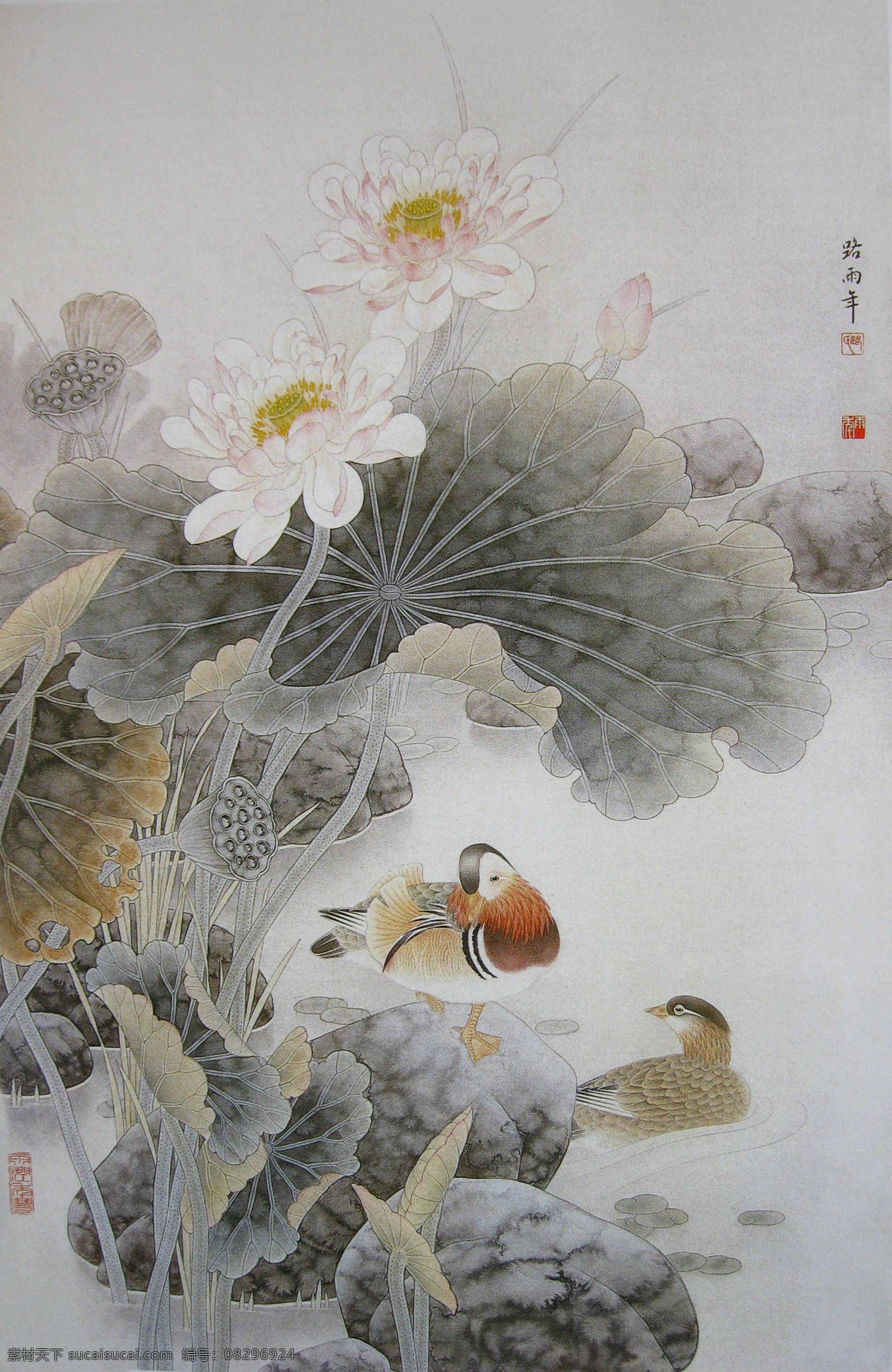 工笔荷花 工笔画 国画 中国画 工笔彩墨画 彩墨工笔画 花鸟国画 花鸟画 国画花鸟 彩墨花鸟国画 书法 大师作品 风景画 荷花 植物 荷叶 池塘 鸭子 野鸭 动物 莲藕 绘画书法 文化艺术