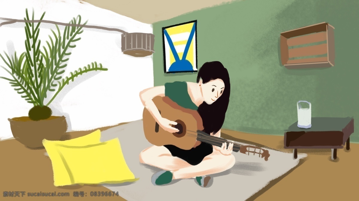 女生 在家 弹 吉他 插画 弹吉他 小清新 居家生活 配图 文章配图 手绘