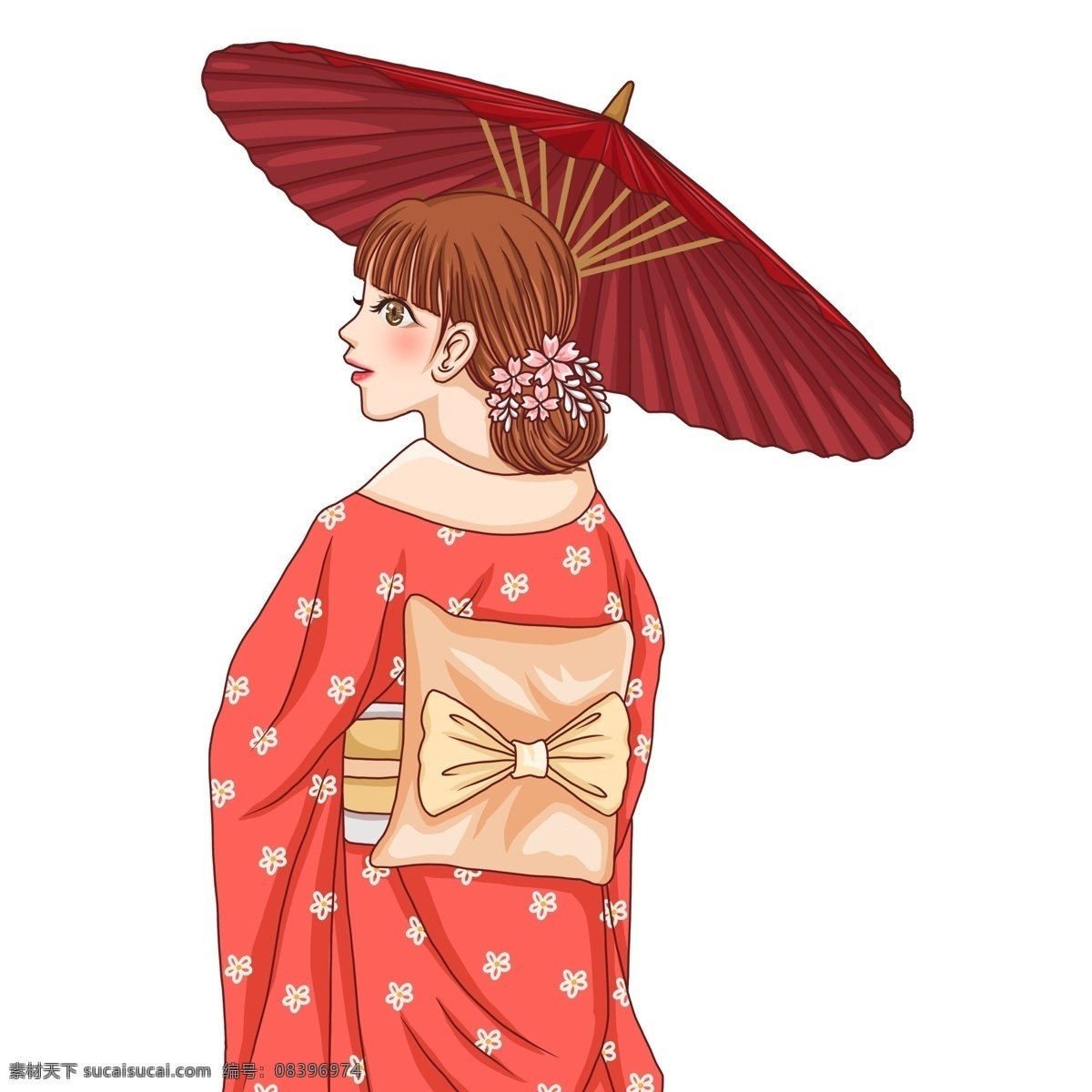 彩绘 日本 樱花节 撑 油纸伞 女孩 卡通 彩色 樱花 伞 少女 背影 日本女人 和服