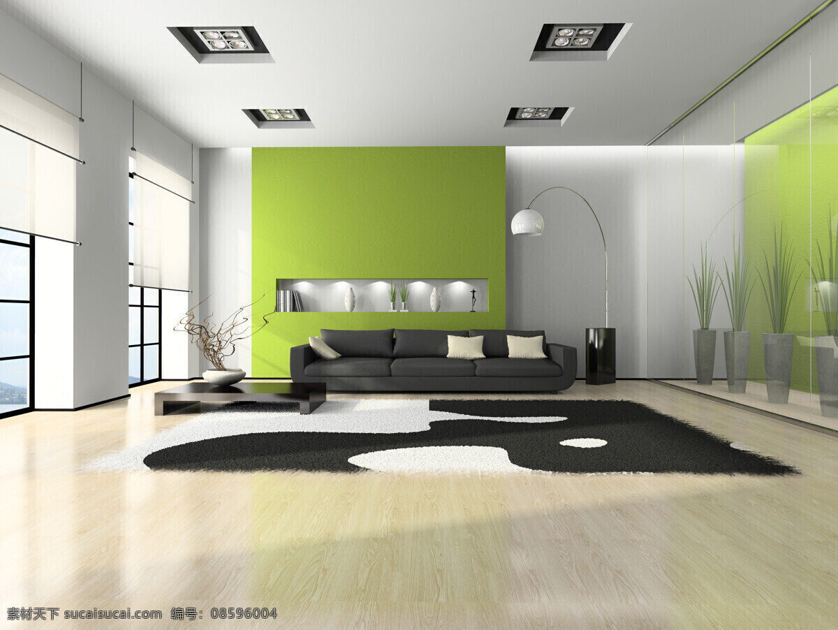 宽敞 客厅 效果图 地毯 沙发 落地台灯 绿色墙壁 窗帘 窗户 室内设计 环境家居