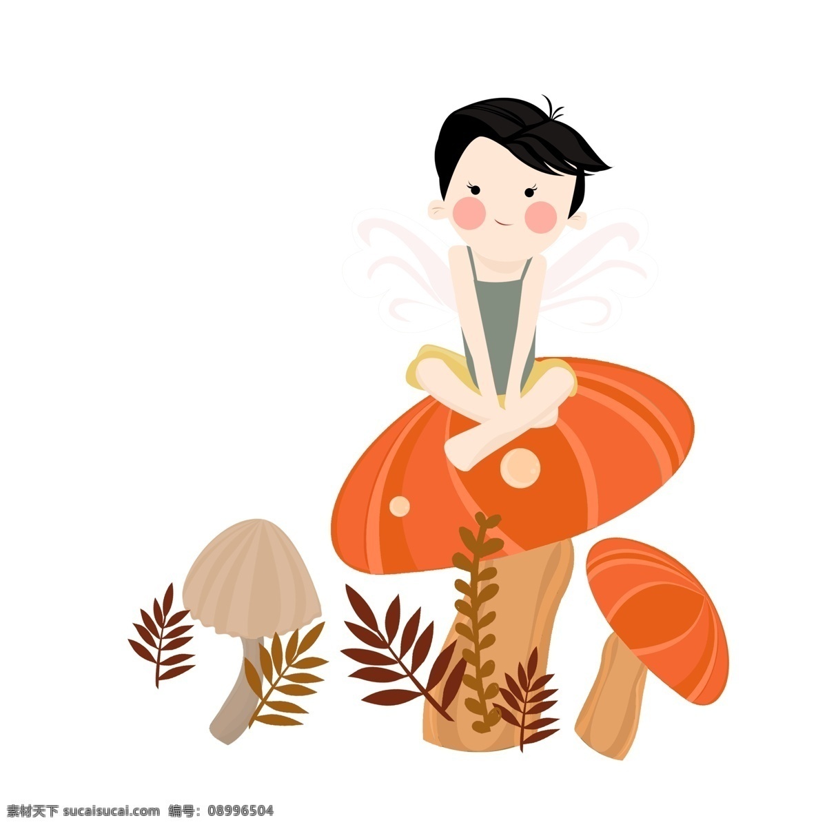 坐在 蘑菇 上 精灵 女孩 卡通 可爱 森林 童话风 插画元素 人物设计