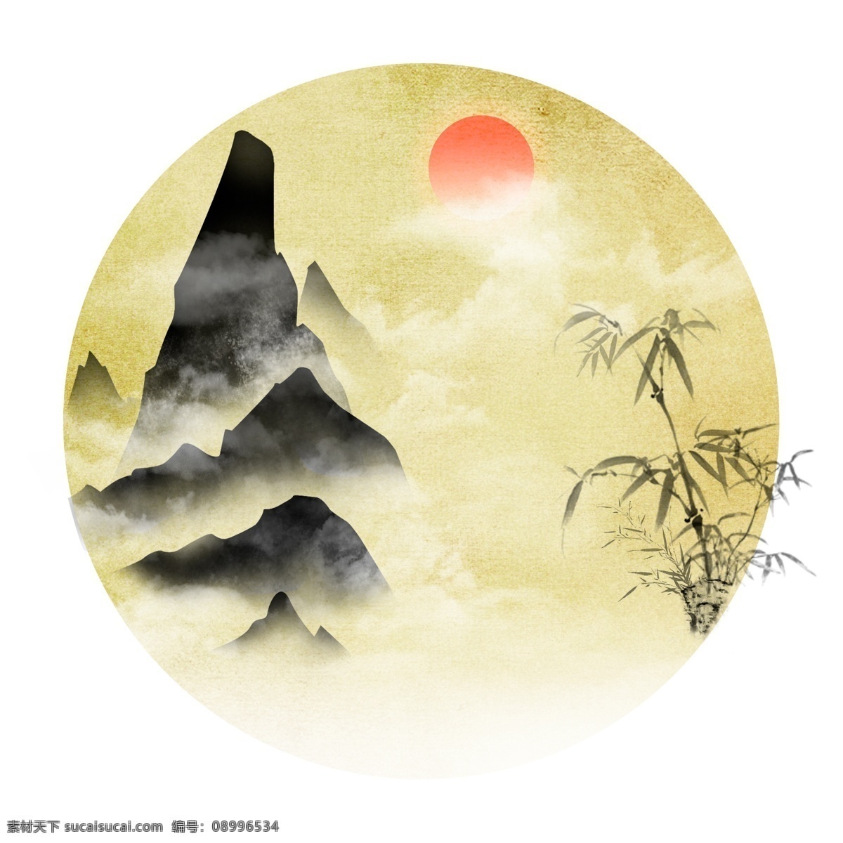 黑色 优美 古风 水墨 精品 山 竹 太阳 优美古风