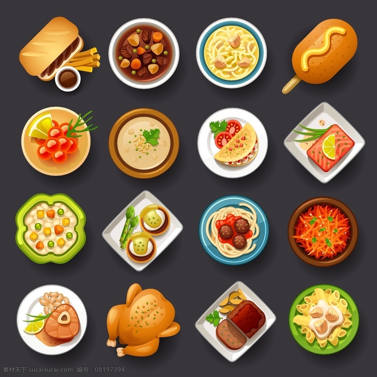食物 俯视图 矢量图 快餐 面包 薯条 乌冬面 热狗 炖牛肉 土豆汤 鱼子酱 墨西哥卷饼 烤鸡 意大利面 牛排 图标 标签 食品 美味 美食 插画 背景 海报 画册 食品果蔬 生活百科 餐饮美食