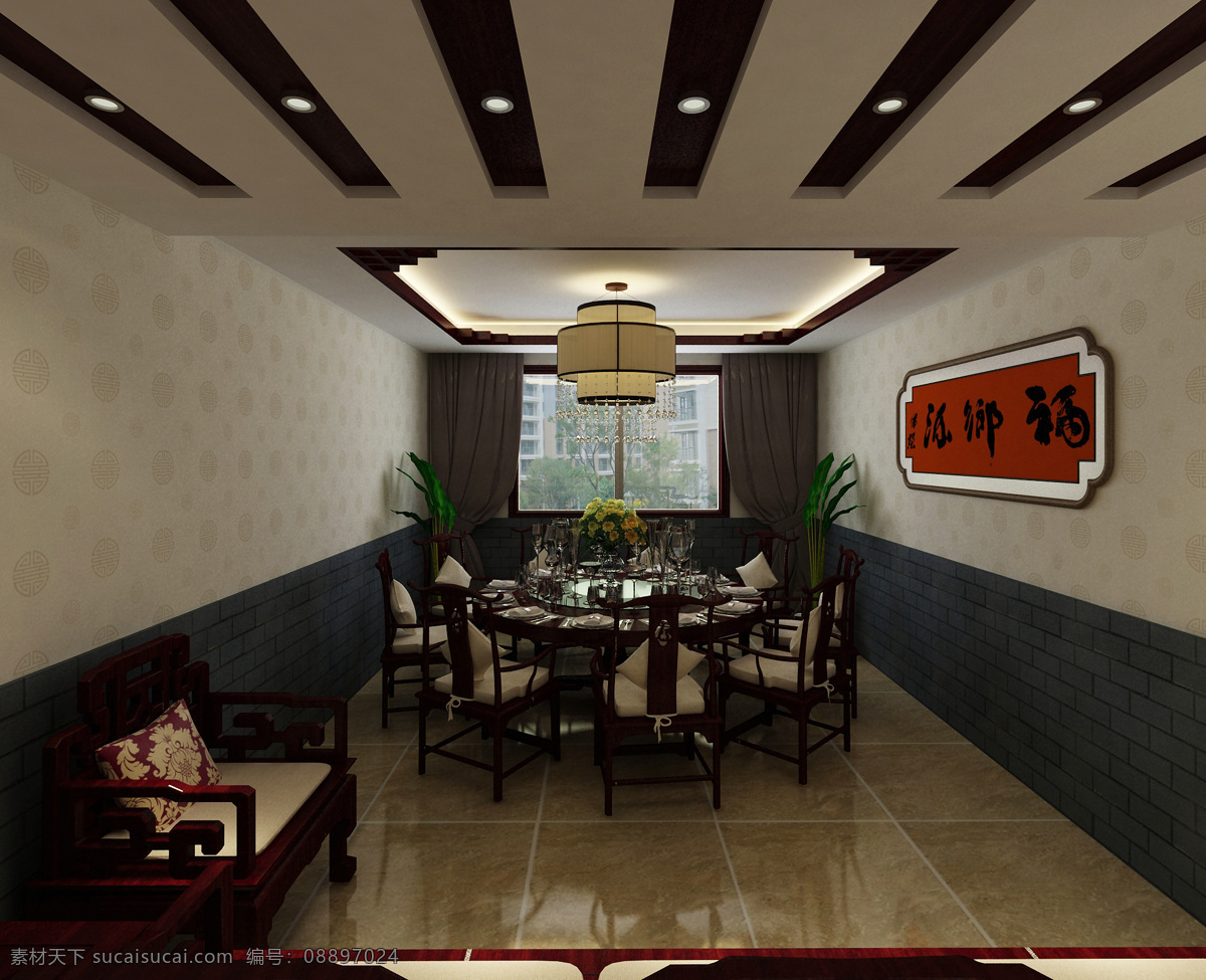 中式 包房 3d设计 文化石 线条 墙裙 圆餐桌 3d模型素材 其他3d模型