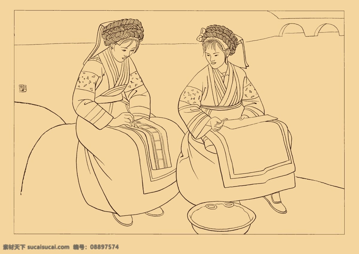 绘蜡花 布依族 姑娘 少女 青年 少数民族 白描 国画 中国画 勾勒 线描 56个民族 蜡染 人物 分层 源文件