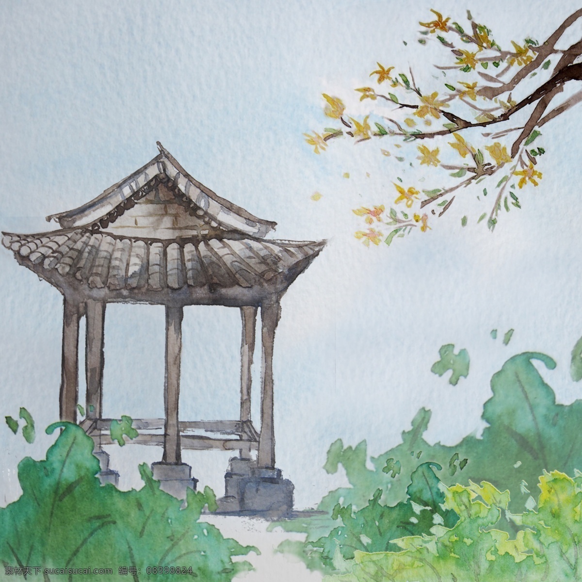 手绘 树林 中 凉亭 卡通 背景 树木 风景 草叶