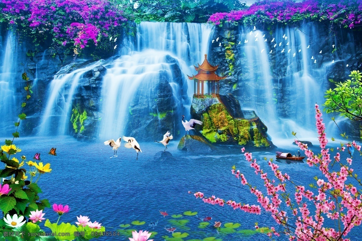 分层 大自然 丹顶鹤 风景 风景模板 河流 河水 荷花 世外桃源 模板下载 人间仙镜 人间美景 人间天堂 世外桃园 美景 湖水 清湖 清静的湖水 瀑布 小型瀑布 小河 水 流水 小鸟 鸟 蝴蝶 小船 绿叶 树叶 绿色 花 桃花 仙鹤 凉亭 花草树木 装饰画 山水画 源文件 家居装饰素材 山水风景画