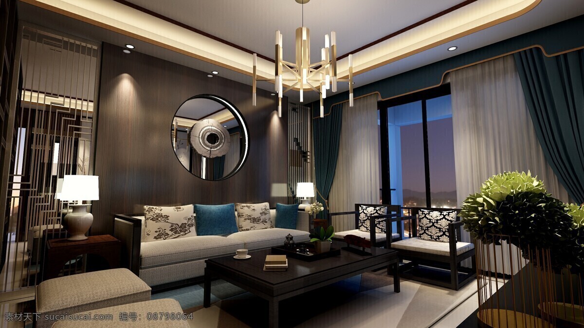 新中式客厅 效果图 新中式 吊灯 沙发 背景 环境设计 室内设计