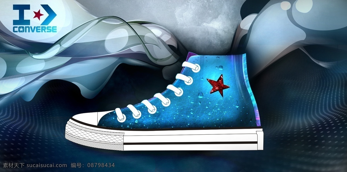 匡威 鞋子 高邦 帆布鞋 冰蓝 水滴 科技梦幻背景 五角星 广告设计模板 源文件