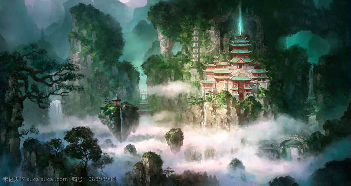 游戏风景 手绘 数字绘画 唯美 游戏原画 云雾 山峰 动漫风景 风景漫画 动漫动画