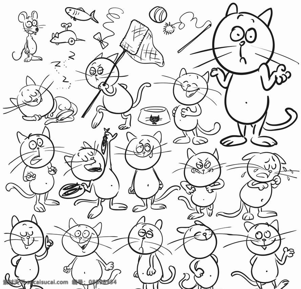 漫画猫咪表情 猫咪 小猫 猫 老鼠 鱼 捕鱼 表情 动作 姿势 幽默 滑稽 有趣 手绘 漫画 剪影 矢量 动物家禽家畜 家禽家畜 生物世界
