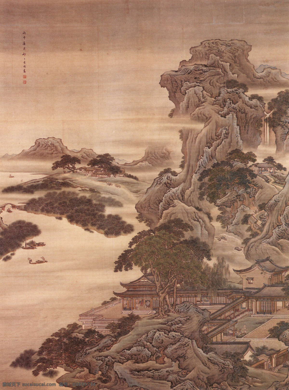 古画 古代 山水 风景画 山 水 树木 建筑jpg 中国传世名画 设计图库 300