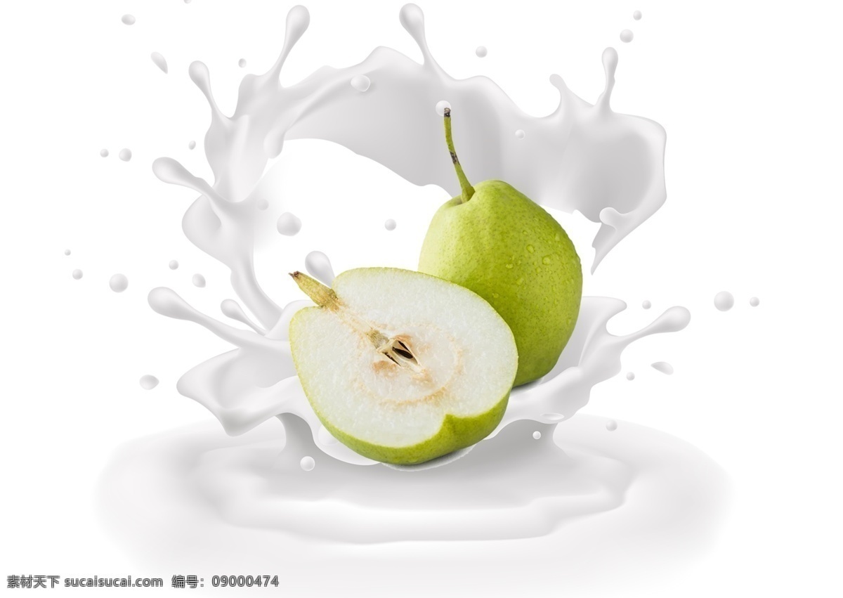 梨子 掉 入 牛奶 喷溅 效果 牛奶飞溅 新鲜 绿色 梨子图片素材 梨子切面 效果元素
