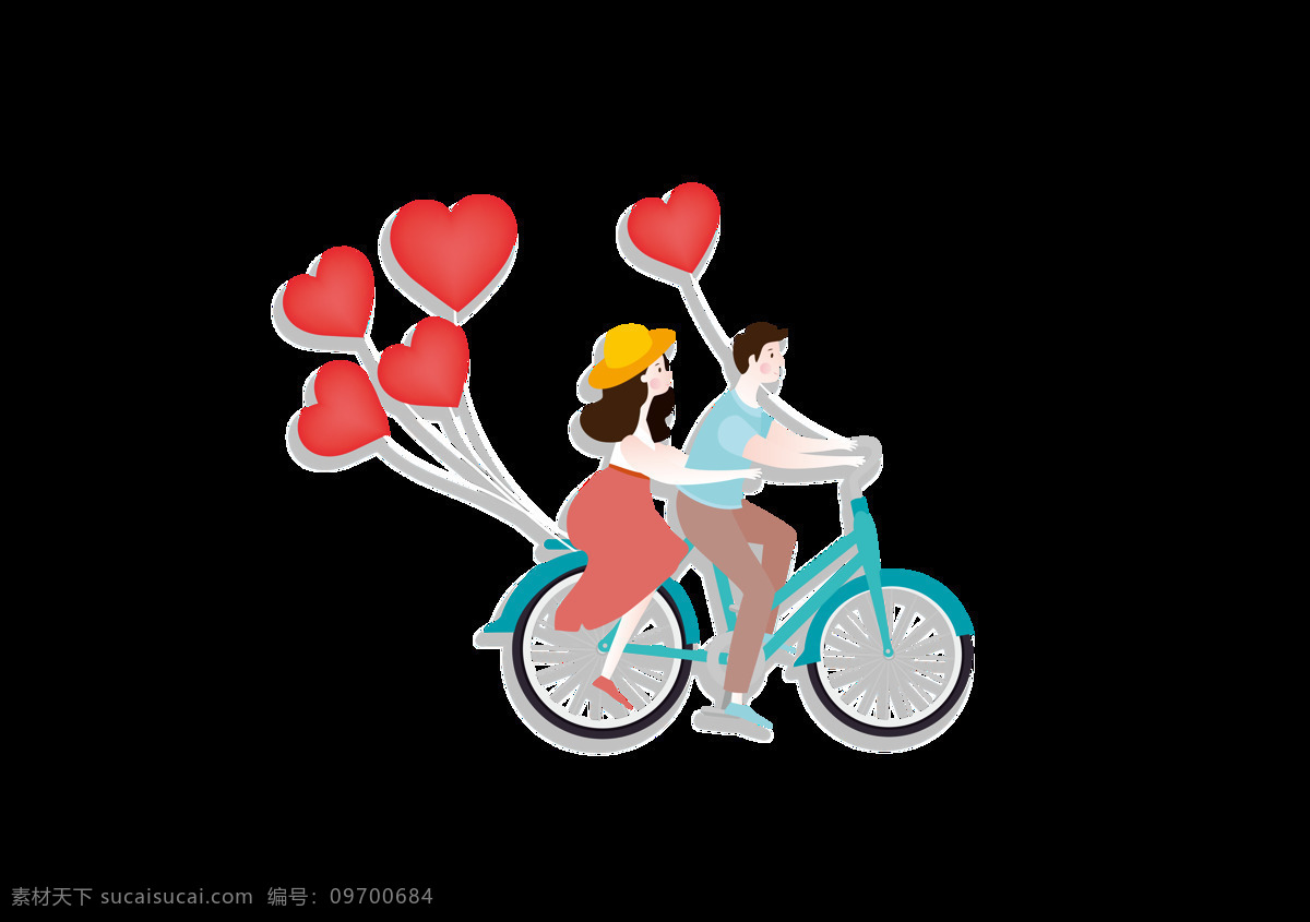 手绘 卡通 情侣 骑车 装饰 爱心 心形 气球 扁平 女孩 男孩 自行车