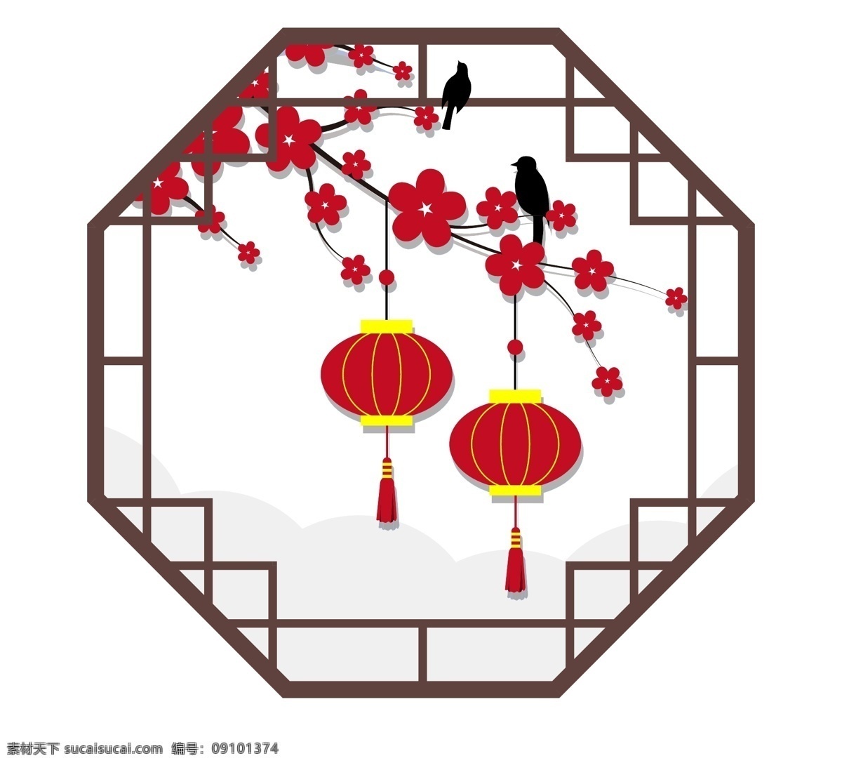 中国 风 矢量 手绘 古典 窗 梅花 灯笼 商用 元素 中国风 冬 红色 古典窗 喜鹊 装饰元素