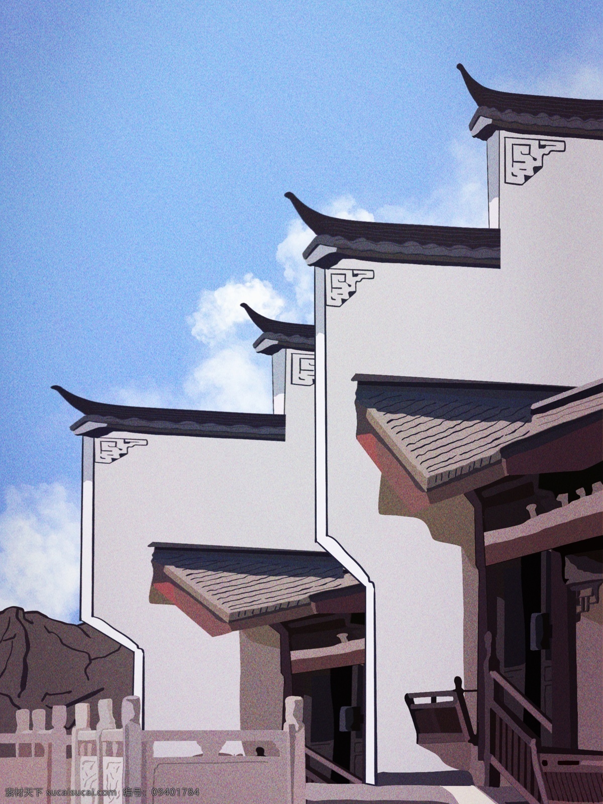 复古 写实 插画 古香古色 徽派 建筑 江南 水乡 古建筑 壁纸 古代 古风 古风建筑 徽派建筑 江南水乡 瓦房 老 古朴 手绘 亭子