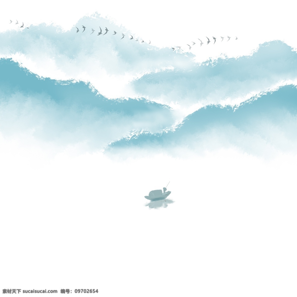卡通 手绘 中国 风 山峰 划船 人 卡通手绘 中国风 水彩 水墨 小清新 唯美 山 划船的人 远处 飞行 一群 鸟